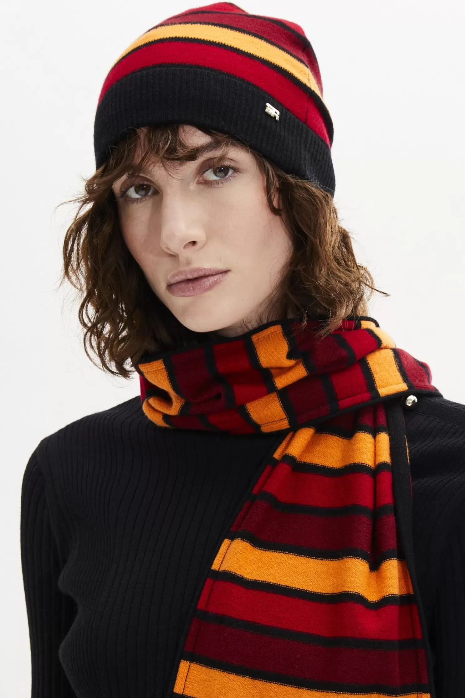 New Sonia Rykiel Bonnet A Rayures En Laine Et Cachemire Raye Rouge/Orange / Multi